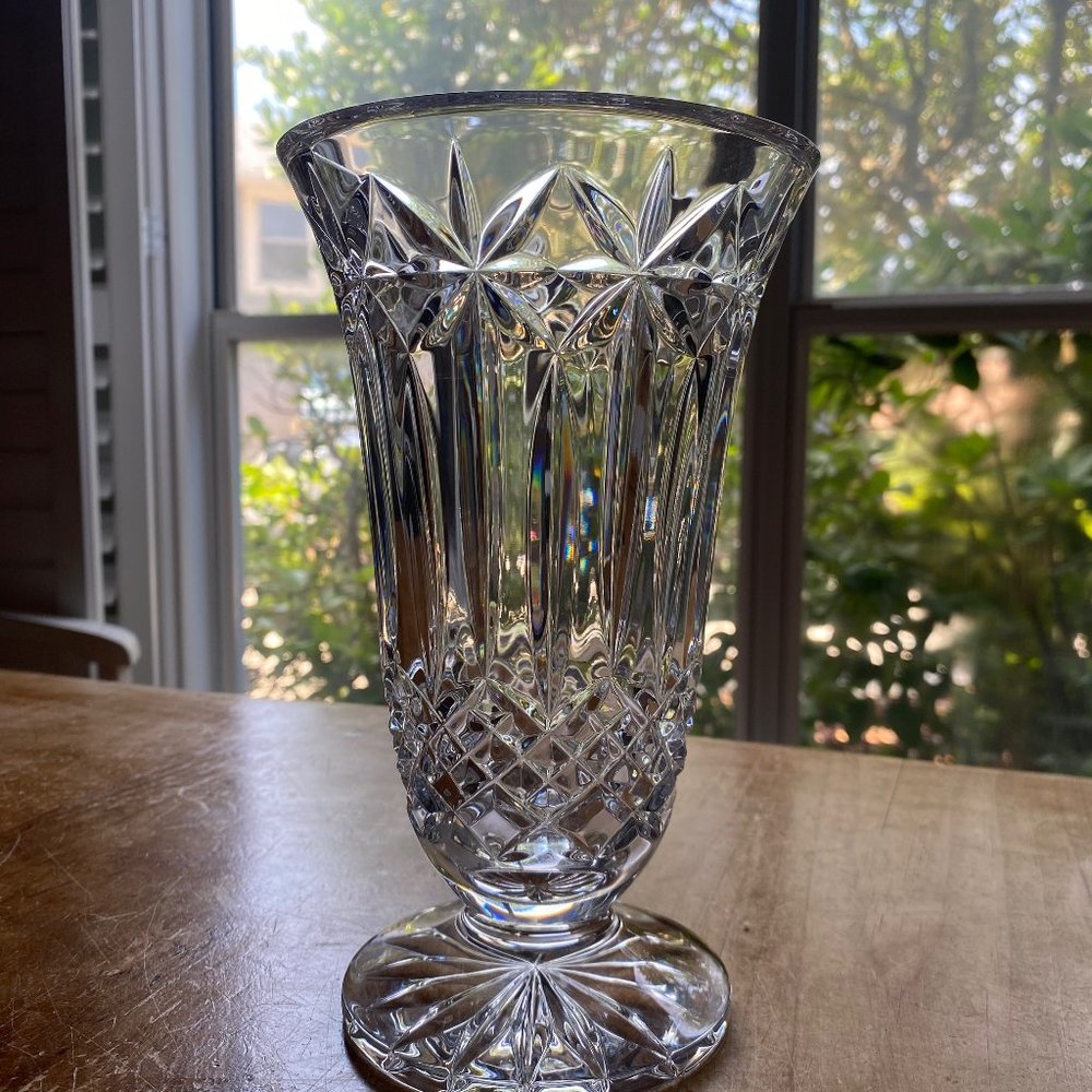 Vintage footed Balmoral Vase in Waterford Lismore pattern and Waterford stamp